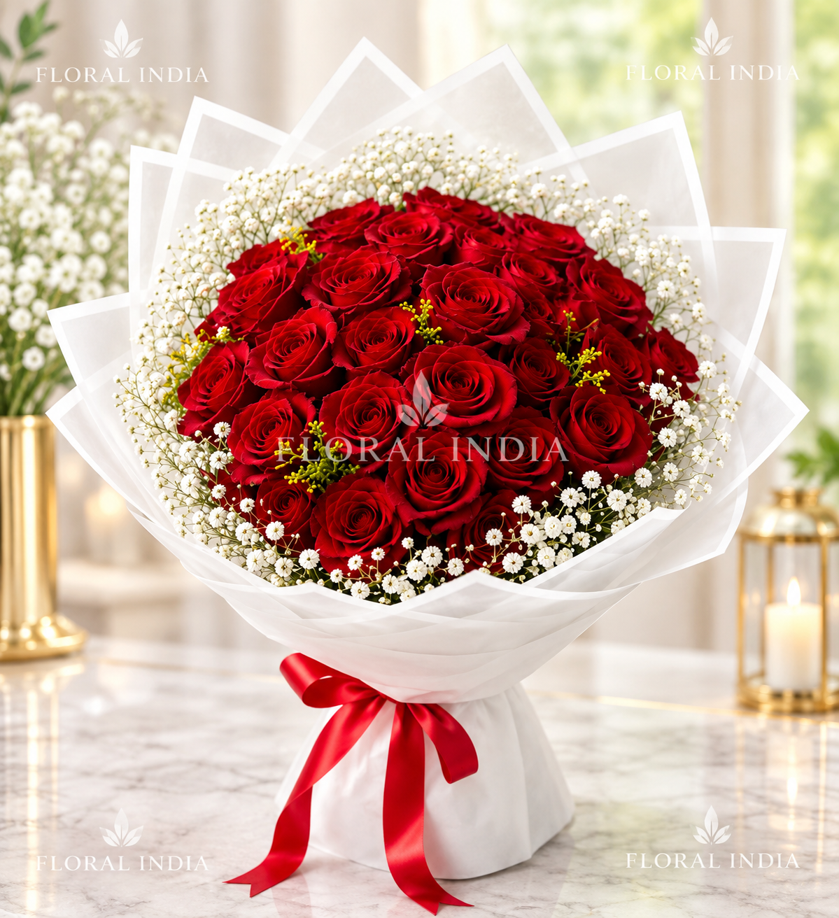 Classic Red Rose & Baby’s Breath Bouquet