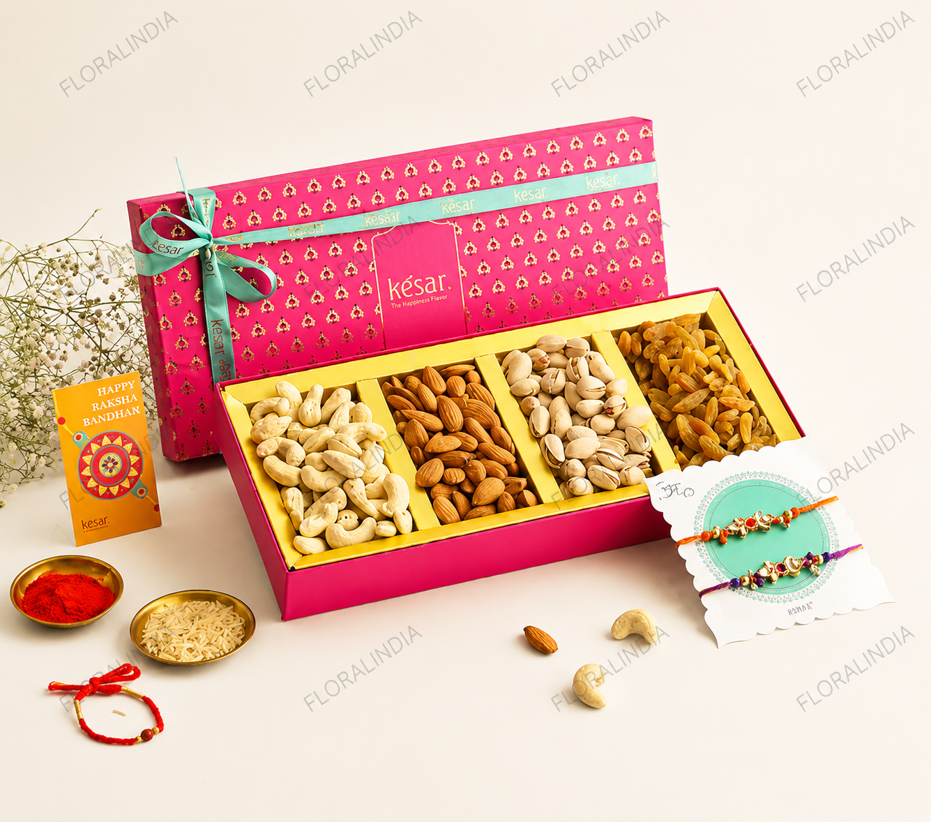 Jaipur Pink Rakhi & Dry Fruit Gift Box