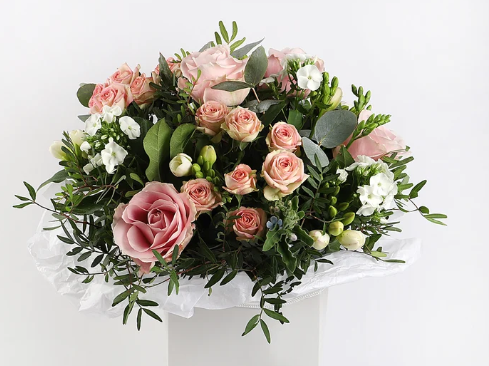 Pink Roses & White Phlox Bouquet
