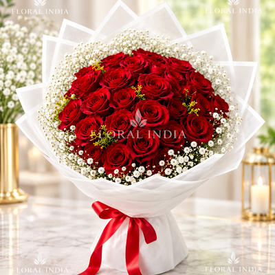 Classic Red Rose & Baby’s Breath Bouquet