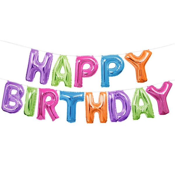 Happy birthday alphabets in multicoloured foil balloons