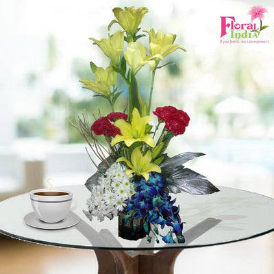 Vibrant Asiatic Lilies, Carnations, Blue Orchids, & Button Daisies