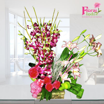 The Gleaming Purple Orchids, Lilies & Carnations Bouquet
