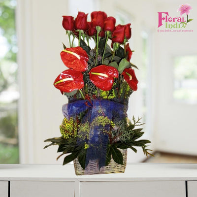 The Blazing Red Antheriums & Roses Bouquet