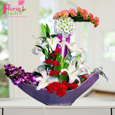 The Oriental Boat Bouquet of Carnations, Lilies & Daisies