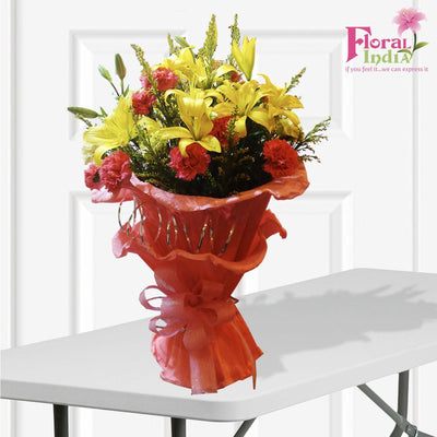 The Beaming Yellow Bouquet Of Lilies & Carnations