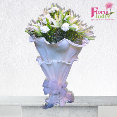 The Pristine White Asiatic Lilies & Carnations Bouquet