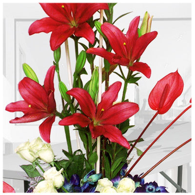 The Glowing Oriental Lilies, Antheriums & Roses Bouquet