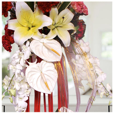 The Bouquet of Fresh White Orchids, Antheriums & Red Carnations