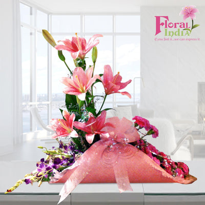 The Peaches & Cream Pink Lily & Orchids Bouquet