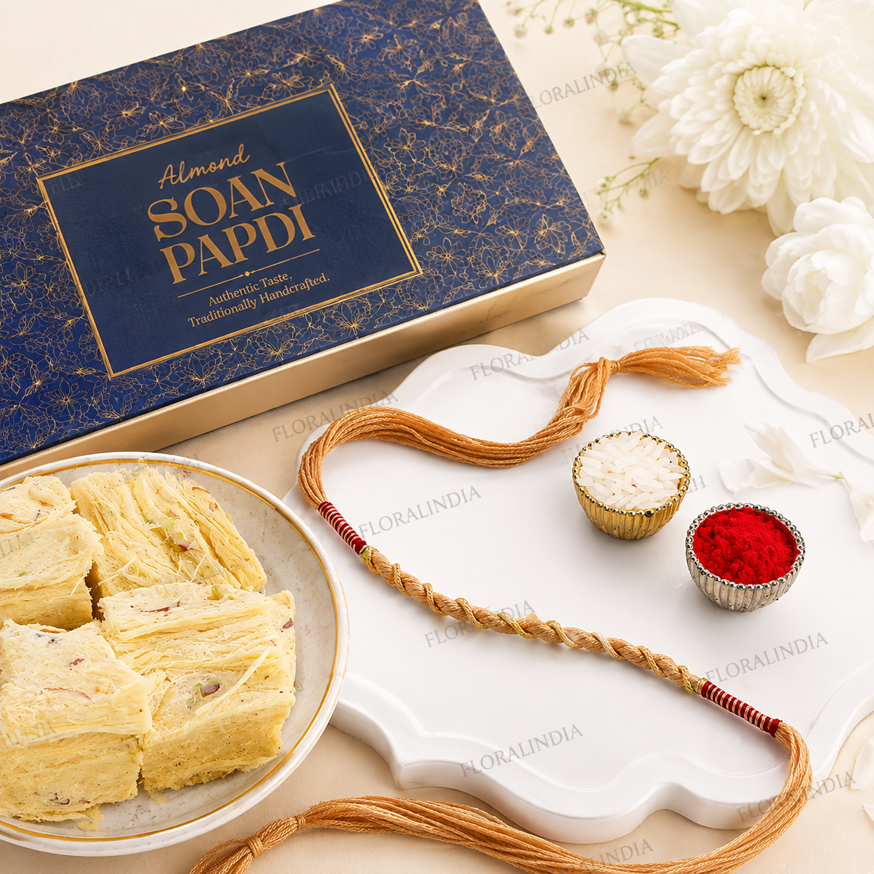 Elegant Dora Rakhi & Almond Soan Papdi