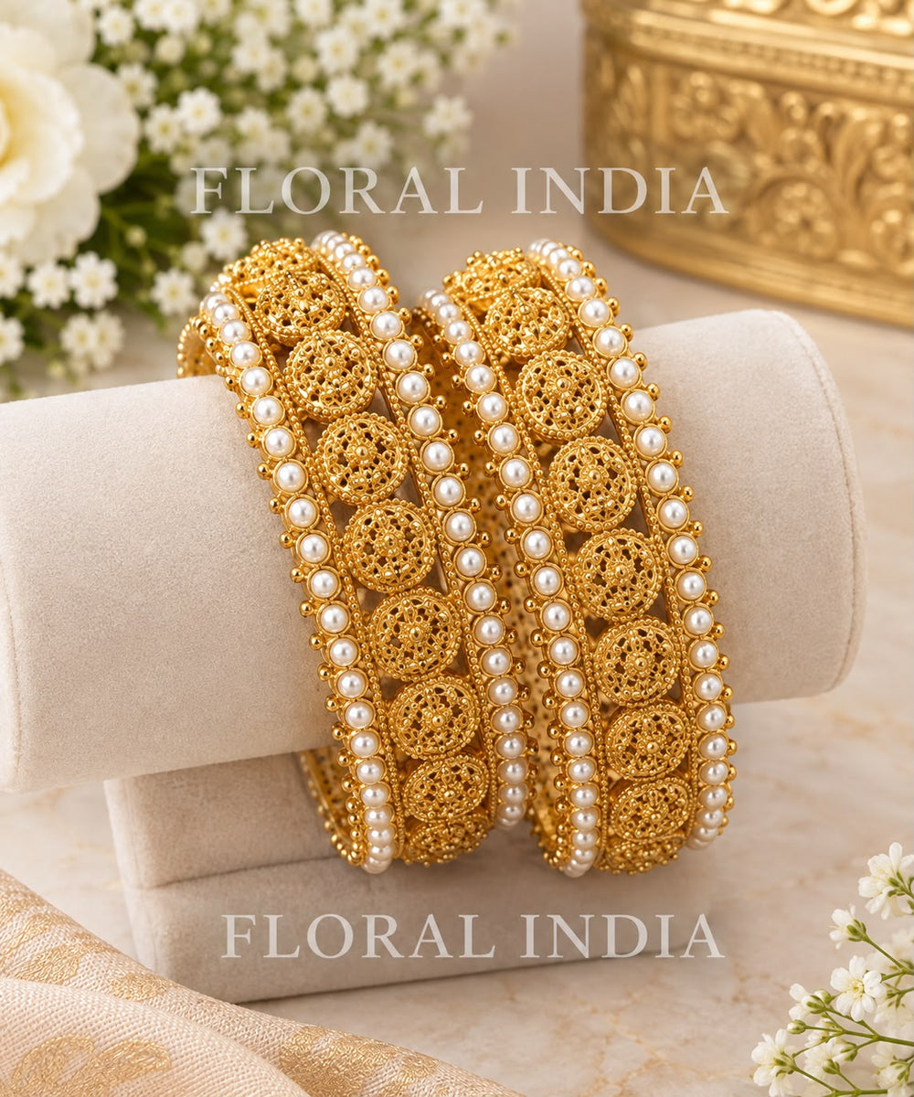 Set of 2 Gold-Plated Antique Pearl Bangles