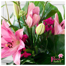 Pink Asiatic Lilies & Purple Orchids in a Pot