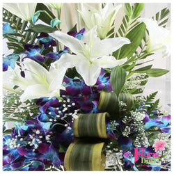 Blooming White Lilies & Blue/Purple Orchids