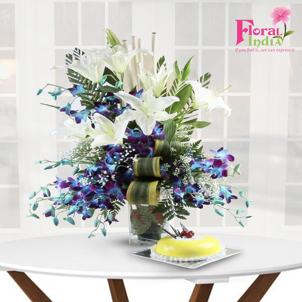 Blooming White Lilies & Blue/Purple Orchids