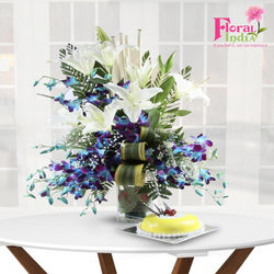 Blooming White Lilies & Blue/Purple Orchids